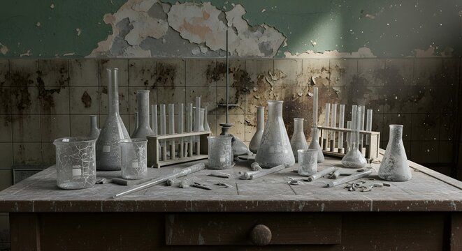 Forgotten Chemistry Lab: Dusty Beakers, Flasks, and Test Tubes on a Grimy Wooden Table in an Abandoned Research Facility with Peeling Walls and Eer...