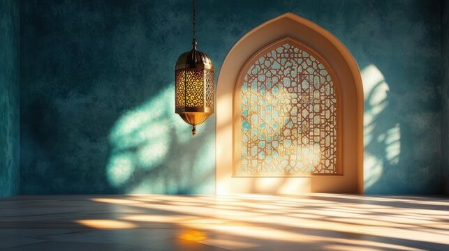Sunlight streaming through an intricate arched window with geometric latticework onto a polished floor next to a hanging ornate lantern in a teal textured room - Powered by Adobe