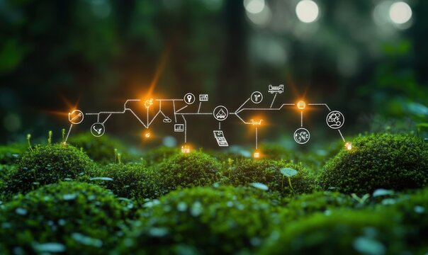 Close-up of vibrant green moss with glowing futuristic network icons and symbols hovering above, blending nature and technology in a serene forest environment
