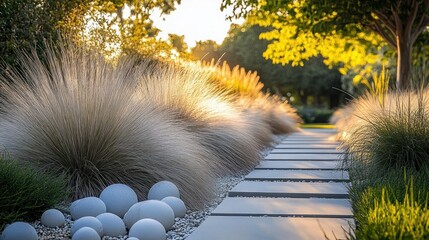 Peaceful garden pathway with stepping stones surrounded by decorative grasses illuminated by warm sunlight and smooth white spherical garden ornaments