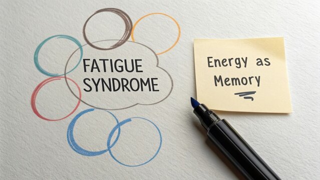 Conceptual illustration of fatigue syndrome with colorful circles and a sticky note emphasizing energy as memory strategy - Powered by Adobe