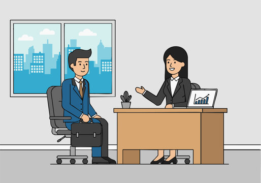 A man with a briefcase sits for a job interview with a woman at a desk in an office setting. - Powered by Adobe