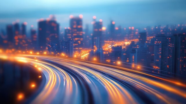 Blurred night cityscape with glowing skyscrapers and curved highway light trails creating a dynamic and futuristic urban atmosphere