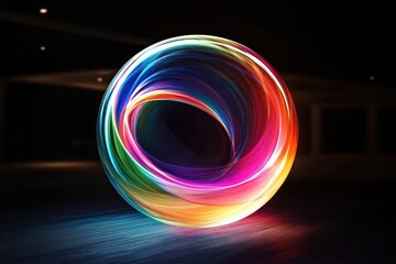 Glowing multicolored swirling light ring in a dark space creating a vibrant, dynamic, and futuristic visual effect