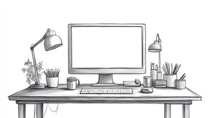 Black and white sketch of a tidy workspace featuring a computer monitor, keyboard, mouse, two desk lamps, potted plants, and various stationery items on a wooden table