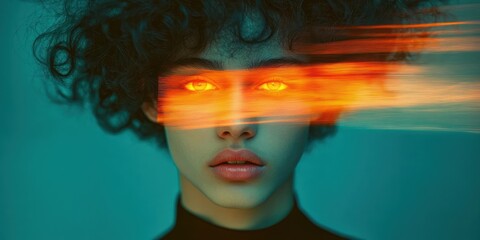 Portrait of a person with curly hair and glowing yellow eyes partially covered by a streak of bright orange light across their face, set against a teal background