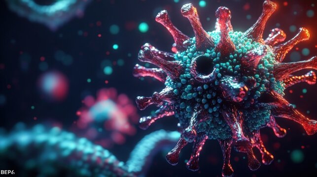 Close-up detailed 3D illustration of a virus particle with spike proteins and textured surface under glowing light creating a scientific and ominous atmosphere