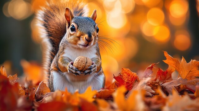 Close-up of a cheerful squirrel holding a walnut surrounded by autumn leaves with warm golden bokeh background