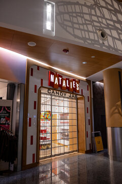 Seattle, Washington \ USA - 14 November 2024:  Closed Natalie's Candy Jar shop with illuminated neon sign at Seattle-Tacoma International Airport