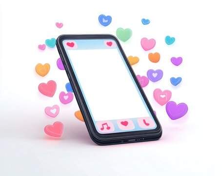 Smartphone displaying empty screen with colorful 3D heart icons floating around, symbolizing social media likes and digital interaction