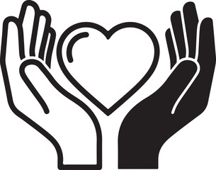 Symbol of care and support, two cupped hands cradling a heart divided vertically, representing unity and compassion. isolated on white background, Vector, illustration