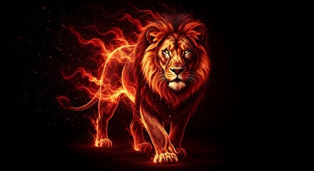 Fiery Lion with Burning Mane Surrounded by Flames in Digital Art Style