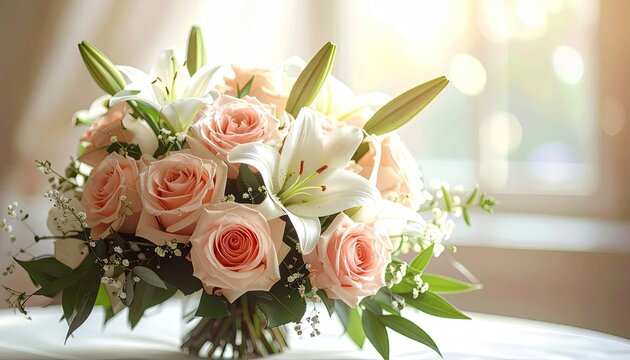 A delicate bouquet of pink roses and white lilies illuminated by soft backlight creating a warm and inviting atmosphere with bokeh effects in the background
