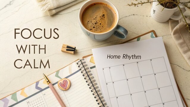 Cozy Desktop Scene with Coffee, Planner, and Minimalist Decor for Calm Focus and Productivity Enhancement