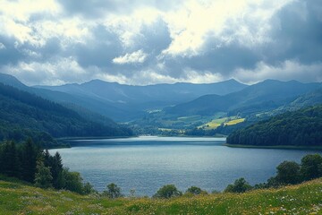 Serene mountain lake surrounded by lush green forests and grassy meadows under a dramatic cloudy sky