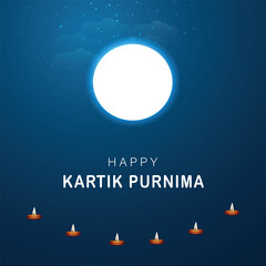 Happy Kartik Purnima greeting with full moon and dia