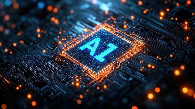 Close-up of a glowing microchip on a circuit board with integrated technological blue and orange lighting effects symbolizing artificial intelligence - Powered by Adobe