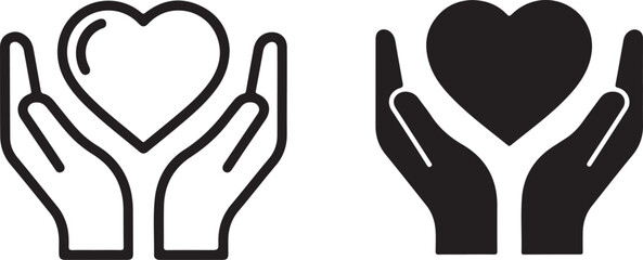 Two stylized hands cradling a heart symbol, one outline and one solid black, representing care and love. isolated on white background, Vector, illustration
