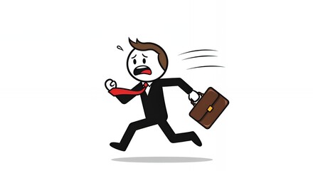 Animated Businessman Running with Briefcase Expressing Urgency in White Background