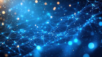Abstract digital illustration of interconnected glowing blue nodes and lines forming a complex network with floating light particles on a dark background