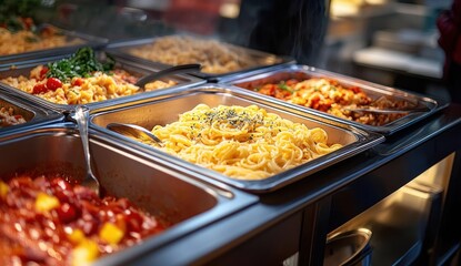 Obraz premium Buffet with various hot dishes including spaghetti with herbs, pasta salad with cherry tomatoes and greens, and other savory meals in stainless steel trays under warm lighting