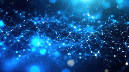 Abstract digital network with interconnected glowing points and lines on a blue background creating a sense of innovation and connectivity