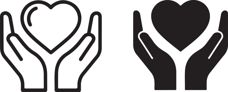 Two stylized hands cradling a heart symbol, one outline and one solid black, representing care and love. isolated on white background, Vector, illustration
