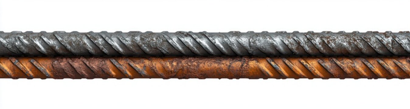 Close-up view of two metal steel rebars side by side, one rusted and the other clean, showing textured spiral grooves and weathered surfaces