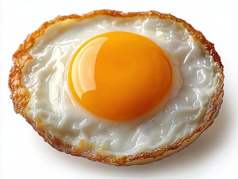 close-up of a perfectly cooked sunny side up fried egg with a bright yellow yolk and crispy golden edges on a white background - Powered by Adobe