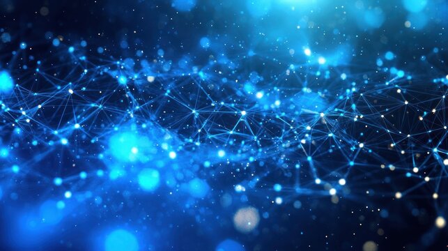 Abstract digital network with interconnected glowing points and lines on a blue background creating a sense of innovation and connectivity