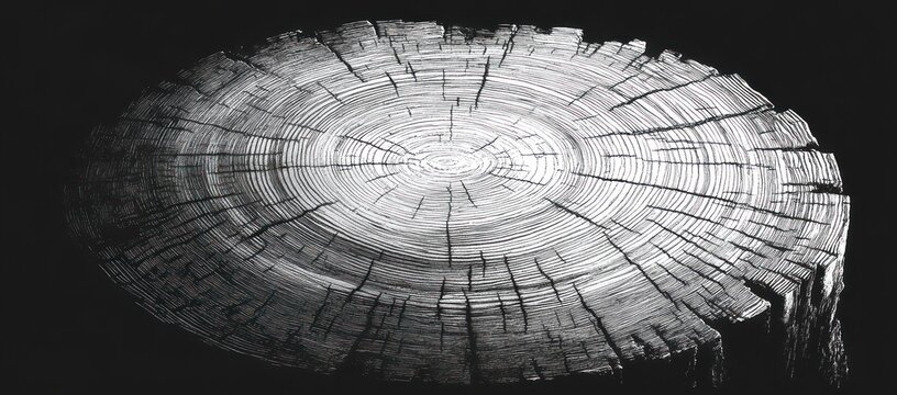 Close-up of a weathered tree stump showing detailed annual growth rings and cracks on a dark background, evoking a sense of age and natural history