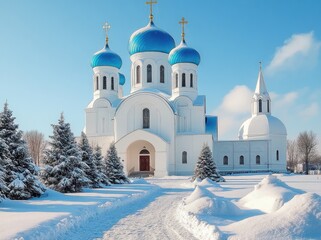 Snow-covered pathway leading to a white church with multiple blue onion domes under a clear blue sky surrounded by snow-dusted evergreen trees