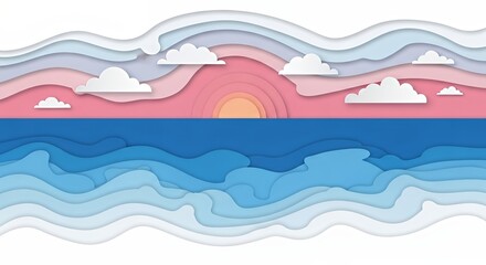 Abstract Sunset Landscape with Layers of Clouds and Waves in Soft Pastel Colors