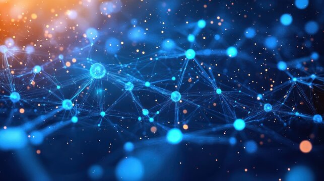 Abstract digital network with interconnected glowing blue nodes and lines against dark background with scattered orange light particles conveying futuristic technology and connectivity