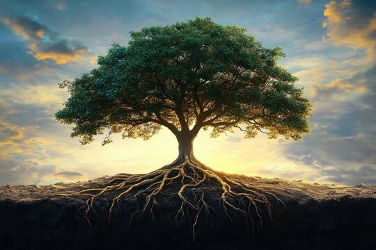 A large tree with a dense green canopy stands alone with extensive exposed roots beneath the soil under a dramatic sky at sunset