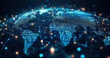 digital globe with glowing network connections showing continents and global data exchange in a futuristic blue and orange light