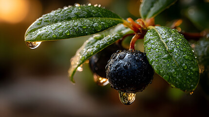 Close-up of vibrant blueberry leaves with morning dew and natural backlighting
