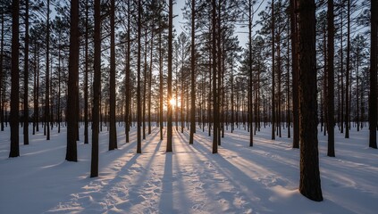 Winter Forest Scene with Sunlight Shining Through the Trees and Snow-Covered Ground