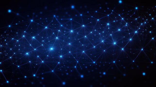 Abstract digital network of interconnected glowing blue nodes and lines forming a complex web on a dark background conveying connectivity and technology