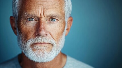 Close-up portrait of a serious elderly man with white hair and beard against a soft blue background showing detailed facial features and thoughtful expression