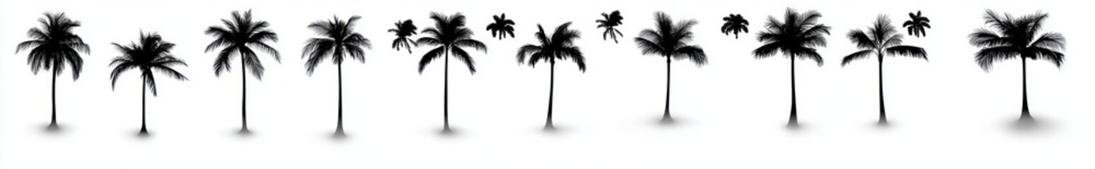 Obraz premium Eleven black silhouette palm trees with varying shapes and heights casting soft shadows on a white background evoking tropical and serene vibes