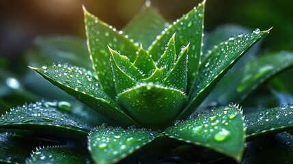 Close-up of a green succulent plant covered with fresh water droplets under soft natural light creating a refreshing and vibrant atmosphere
