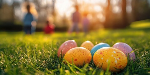 Colorful speckled eggs lying on green grass with children playing blurred in the background during warm sunlight