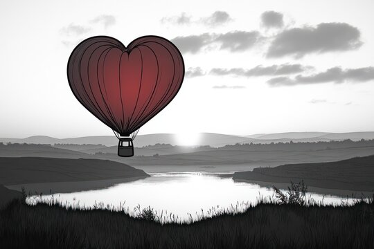 Red heart-shaped hot air balloon flying over a calm river landscape at sunrise with silhouetted grass and distant hills under partly cloudy sky