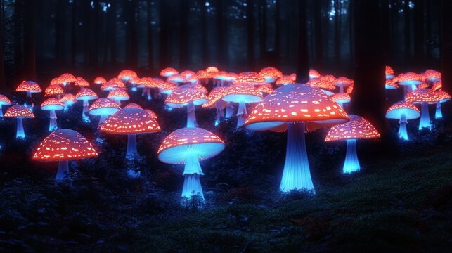 Glowing red and blue bioluminescent mushrooms illuminating a dark forest floor with tall trees in the background, creating a magical and mysterious atmosphere