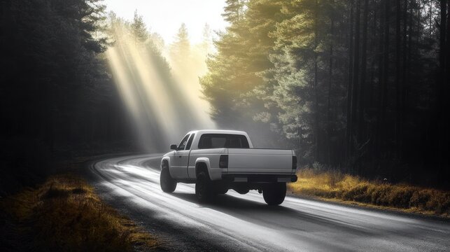 White pickup truck driving on a winding forest road with sunlight streaming through tall pine trees creating a peaceful atmosphere
