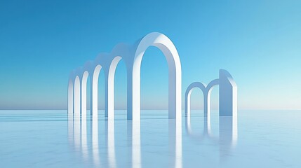 Series of large white arch structures reflecting in calm water under clear blue sky suggesting surreal and serene environment