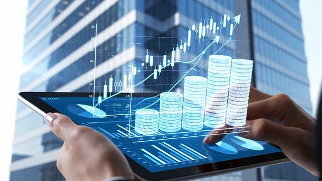 Business Person Analyzing Financial Statistics on a Tablet with Futuristic Style - Powered by Adobe