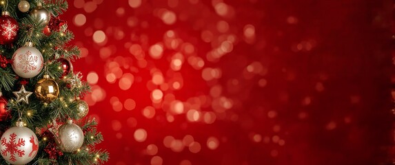 Festive Christmas Tree with Ornaments and Bokeh Lights on Red Background