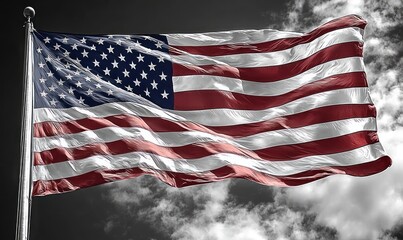 American flag waving prominently against a cloudy sky with dramatic lighting conveying strength and patriotism